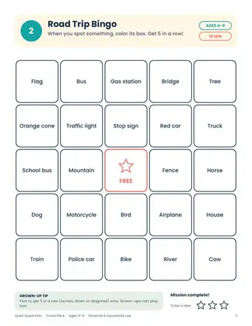 Road Trip Bingo (Travel Pack) sample page